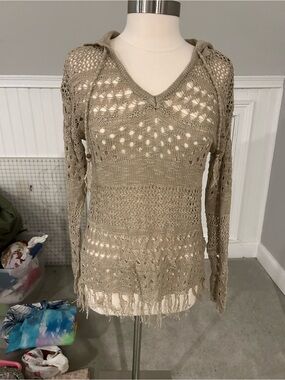Hannah Open-Knit V-Neck Sweater Hoodie in Tan